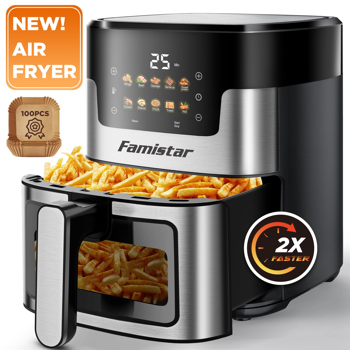 Air Fryer Oven 10 Preset Cookings, 7.5 QT Portable Airfryer, 10 in 1 Touch Screen, Visible Window,Dishwasher-Safe Basket, Including Air Fryer Paper Liners 100PCS