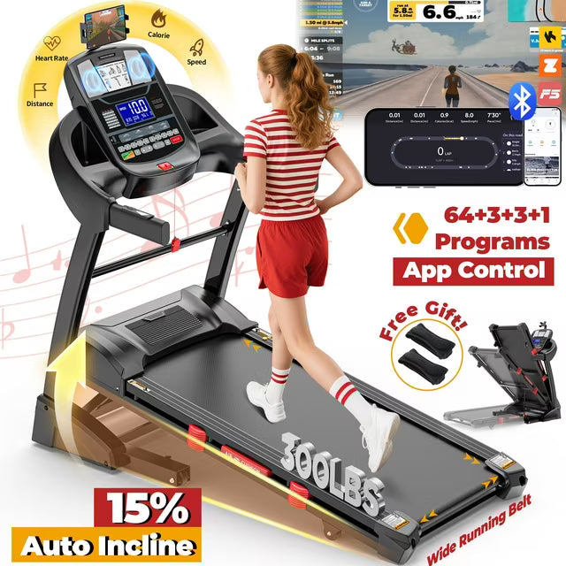 10MPH Treadmill 300lbs Capacity,Treadmill for Home with Auto Incline, 4.5HP Folding Treadmill, Wide Shock Absorption Belt, 64+3+3+1 Programs