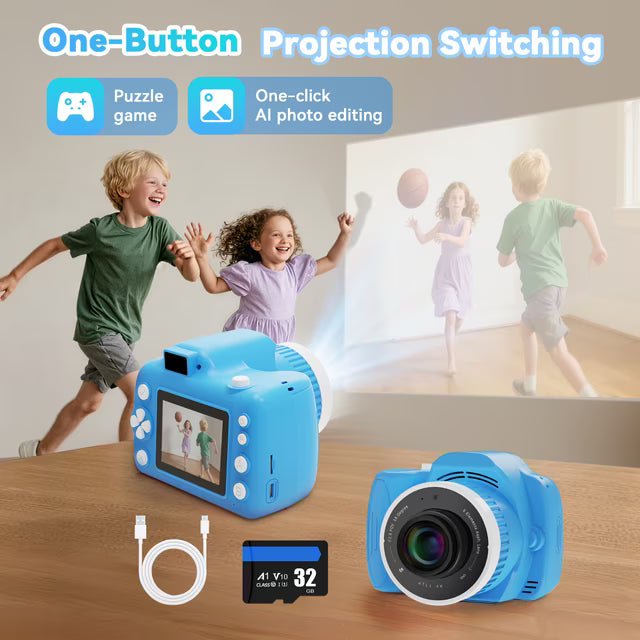 HD Kids Camera with Built-in Projector – Dual Screen, 32GB Card, Games & AI Video Editing – Fun Learning Gift for Toddlers, Boys & Girl(Pink)