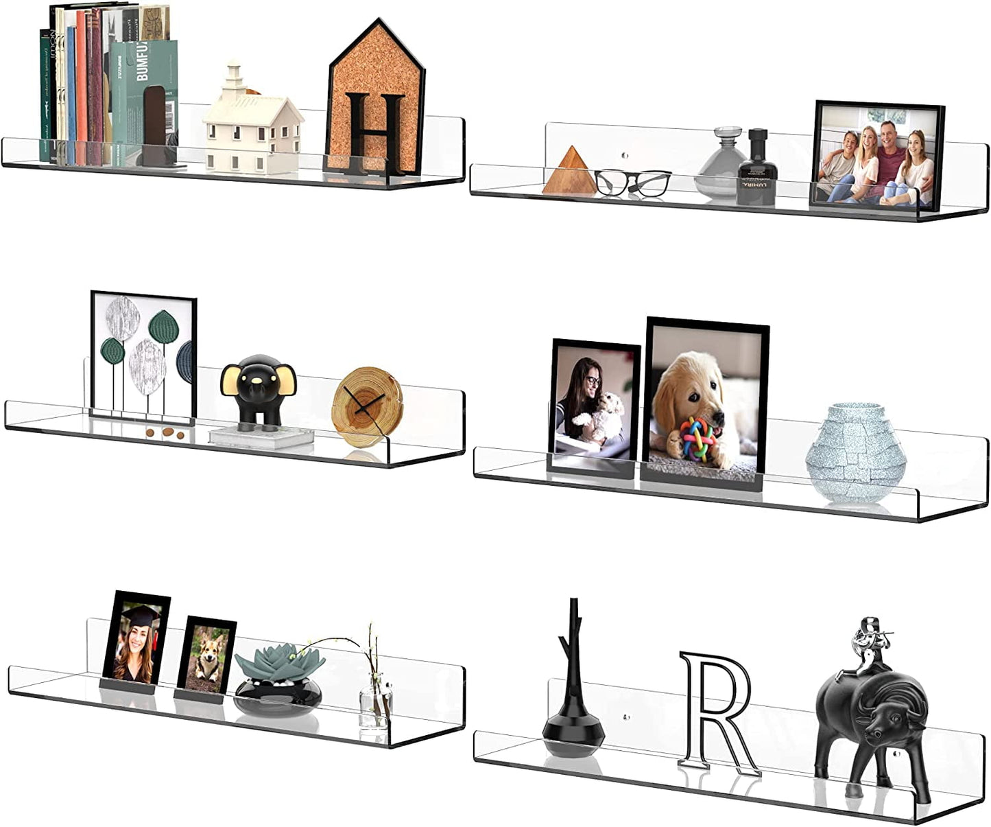 6Pcs Clear Acrylic 15" Floating Shelves Wall Mounted Invisible Bathroom Storage Shelve Set Acrylic Bookshelf for Bedroom Office Toy Picture Ledge