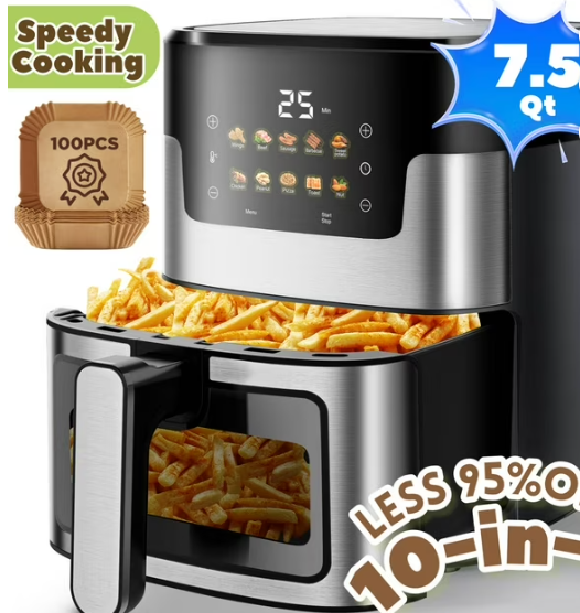 WNANEEZ Air Fryer 7.5 QT with Window & Light – Oil-Free Large Digital Air Fryer Oven for Family Meals, Easy to Use & Clean, Nonstick Basket + 100 Liners, 10-in-1 Countertop Air Fryer