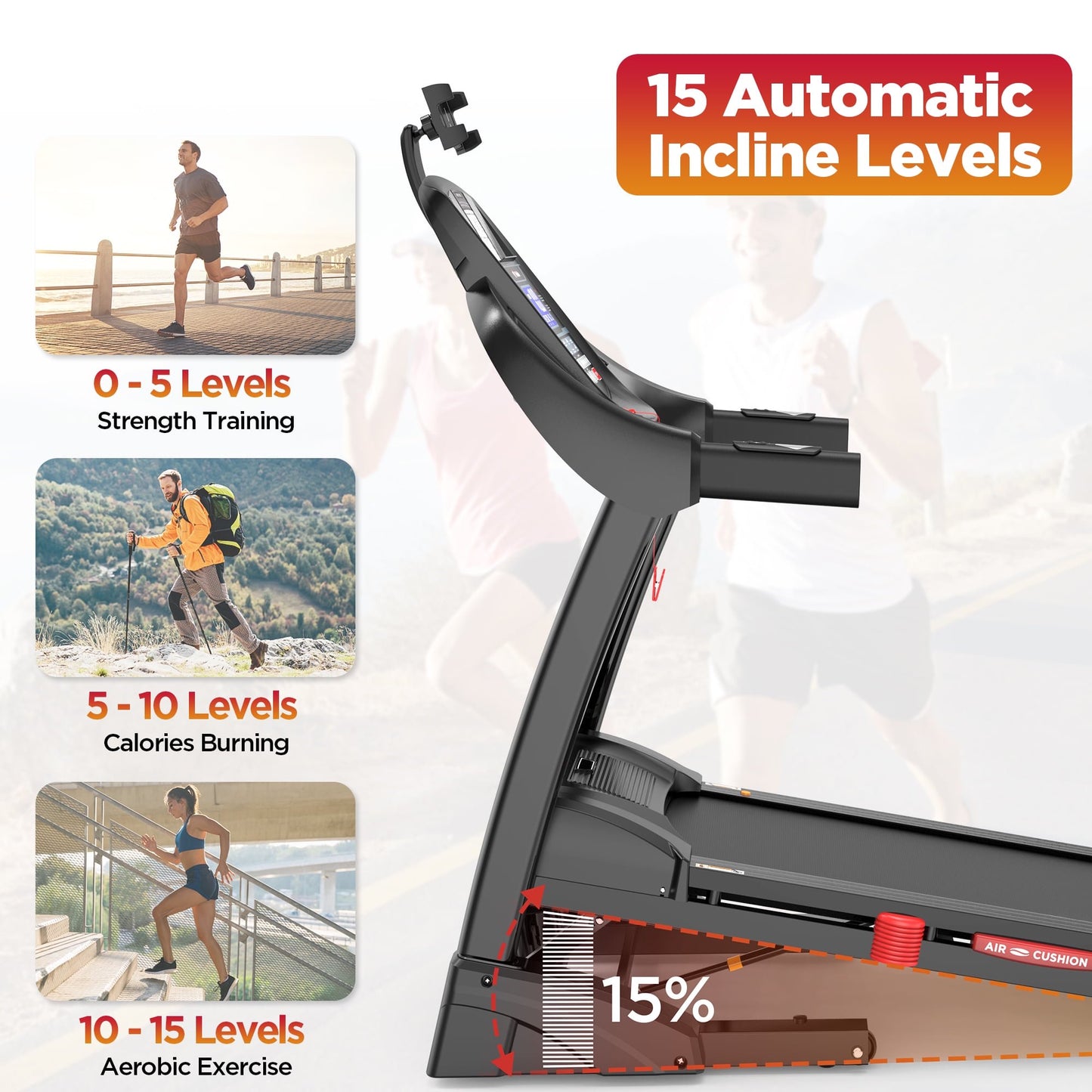 5HP Foldable Treadmill for Home 300LBS Capacity, 15% Auto Incline Treadmill w/ 71 Programs