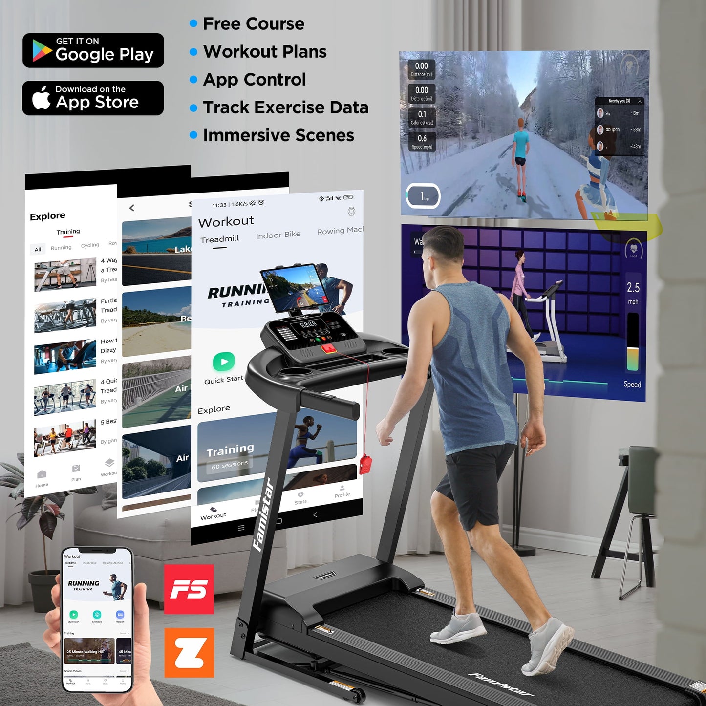 300 lbs Capacity Treadmill for Home, 2.5HP Folding Treadmill w/ 71 Preset Workouts, APP with Free Train Courses