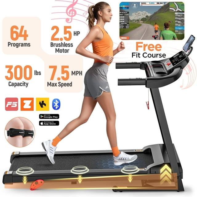 2.5HP Folding Incline Treadmill, Electric Treadmill for Home, Treadmill with 300LBS Capacity, APP Control, 64 Programs, Shock Absorption, 0.6-7.5MPH, Home&Office