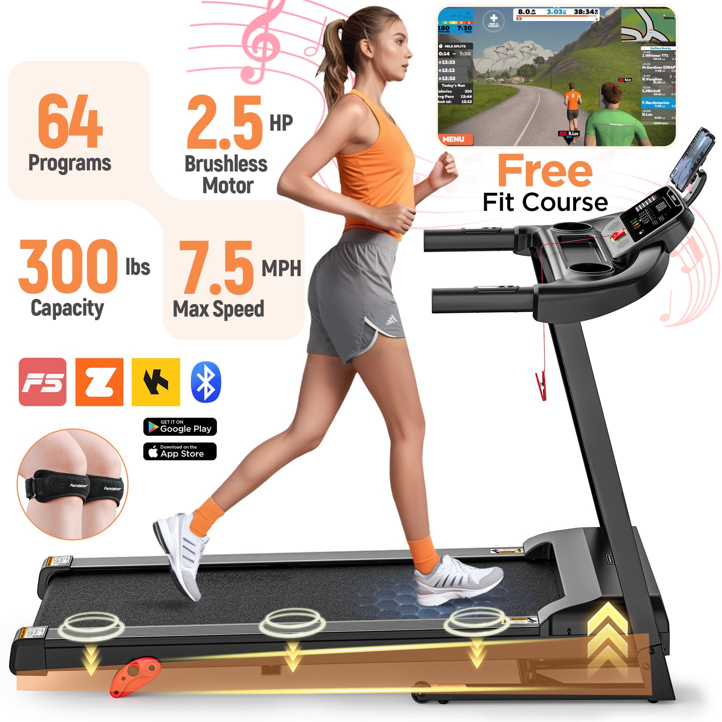 2.5HP Folding Incline Treadmill, Electric Treadmill for Home, Treadmill with 300LBS Capacity, APP Control, 64 Programs, Shock Absorption, 0.6-7.5MPH, Home&Office