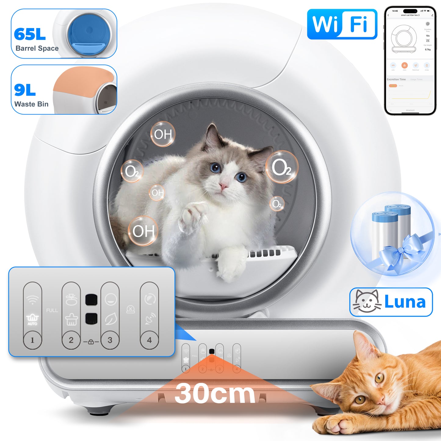 Qvamodo Automatic Cat Litter Box Self Cleaning – Automatic Litter Box w/ Smart APP Control, 65L+9L Large Capacity, Odor-Free, Quiet, Self Cleaning Cat Litter Box for Multi-Cat Homes, 2 Rolls Liner