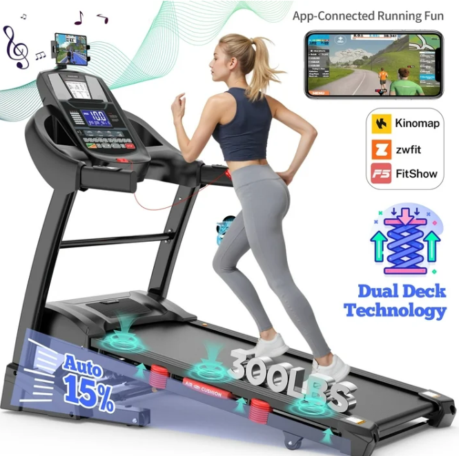 4.75HP Foldable Treadmill, 300lb Capacity, 15-Level Auto Incline, Smart APP w/ Virtual Run, 64+3+3+1 Preset Programs, 10MPH Speed, - Portable Treadmill for Home& Office Running and Walking