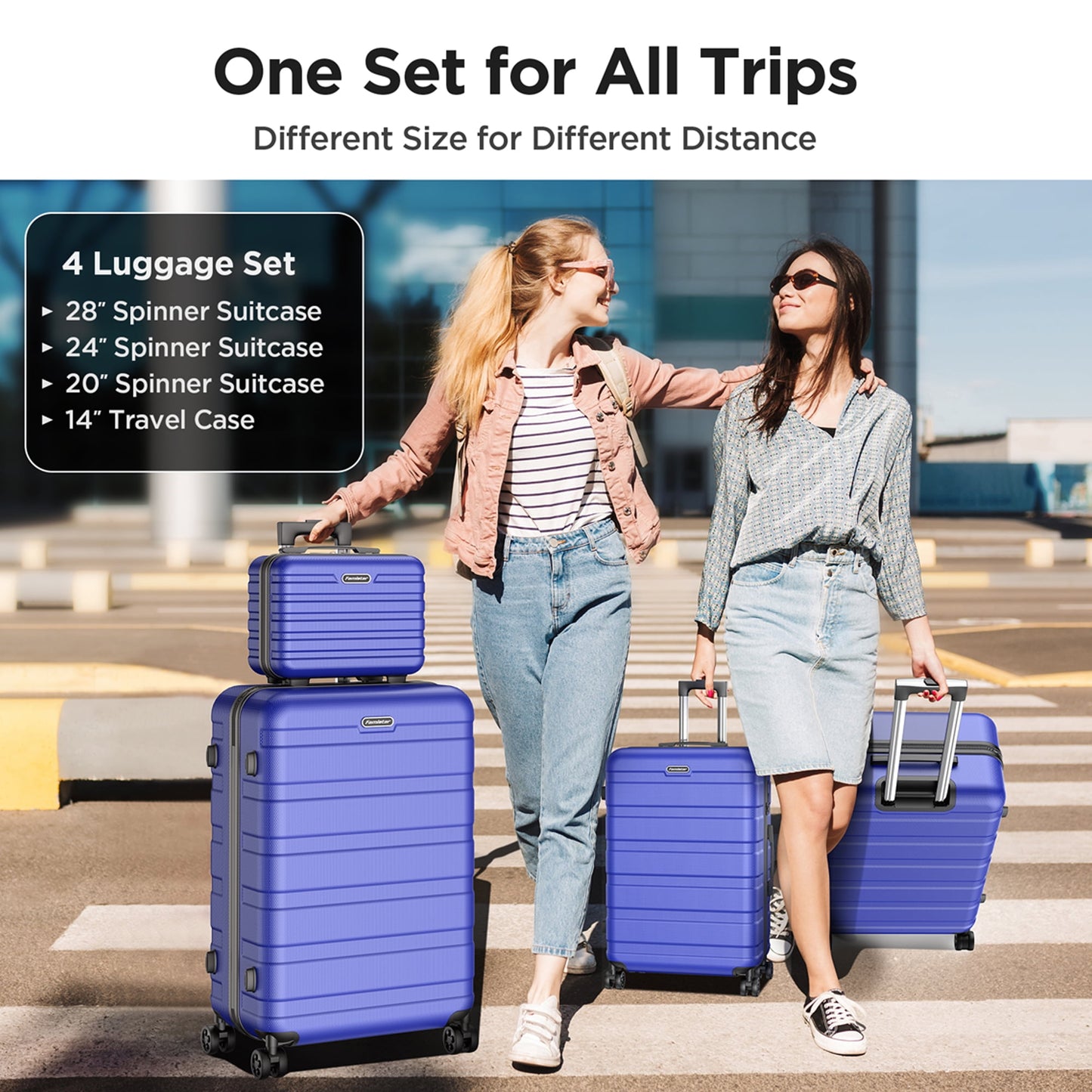 Famistar 4 Piece Hardside Luggage Suitcase Set with 360° Double Spinner Wheels Integrated TSA Lock, 14” Travel Case, 20" Carry-On Luggage, 24" Checked Luggage and 28" Checked Luggage, Blue