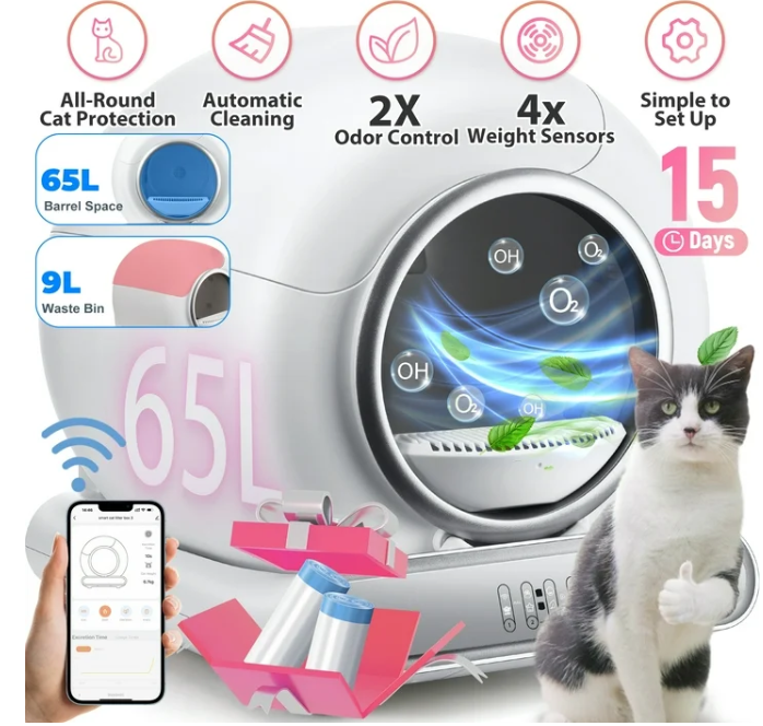 Self Cleaning Litter Box, 65 L+9L Automatic Cat Litter Box Self Cleaning for Multiple Cats, with Safety Protection, App Control,2 Roll Garbage Bags