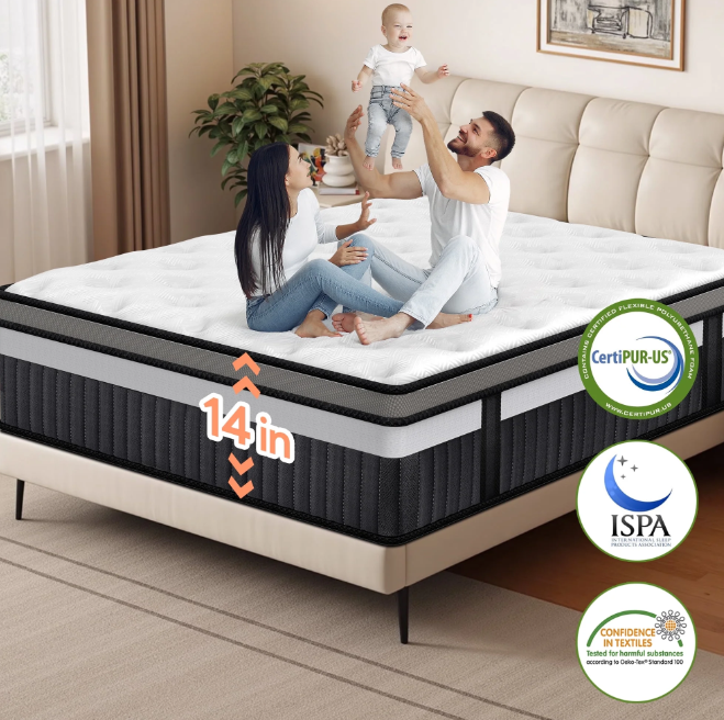 Qvamodo 14 Inch Queen Mattress - Memory Foam Mattress, Medium Firm Feel, CertiPUR-US Certified Cool & Pocket Springs, 3D Knit Fabric, Motion Isolation, Hybrid Mattress Queen in Boxed Delivery