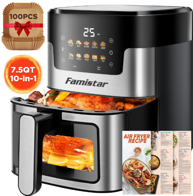 Air Fryer 7.5QT, 10 Preset Programs Air Fryer Oven, 10-in-1 Digital LED Touch Screen, 95% Less Oil, Dishwasher-Safe, 1400W Fast Heating, Visible Window, Air Fryer with 100Pcs Liner
