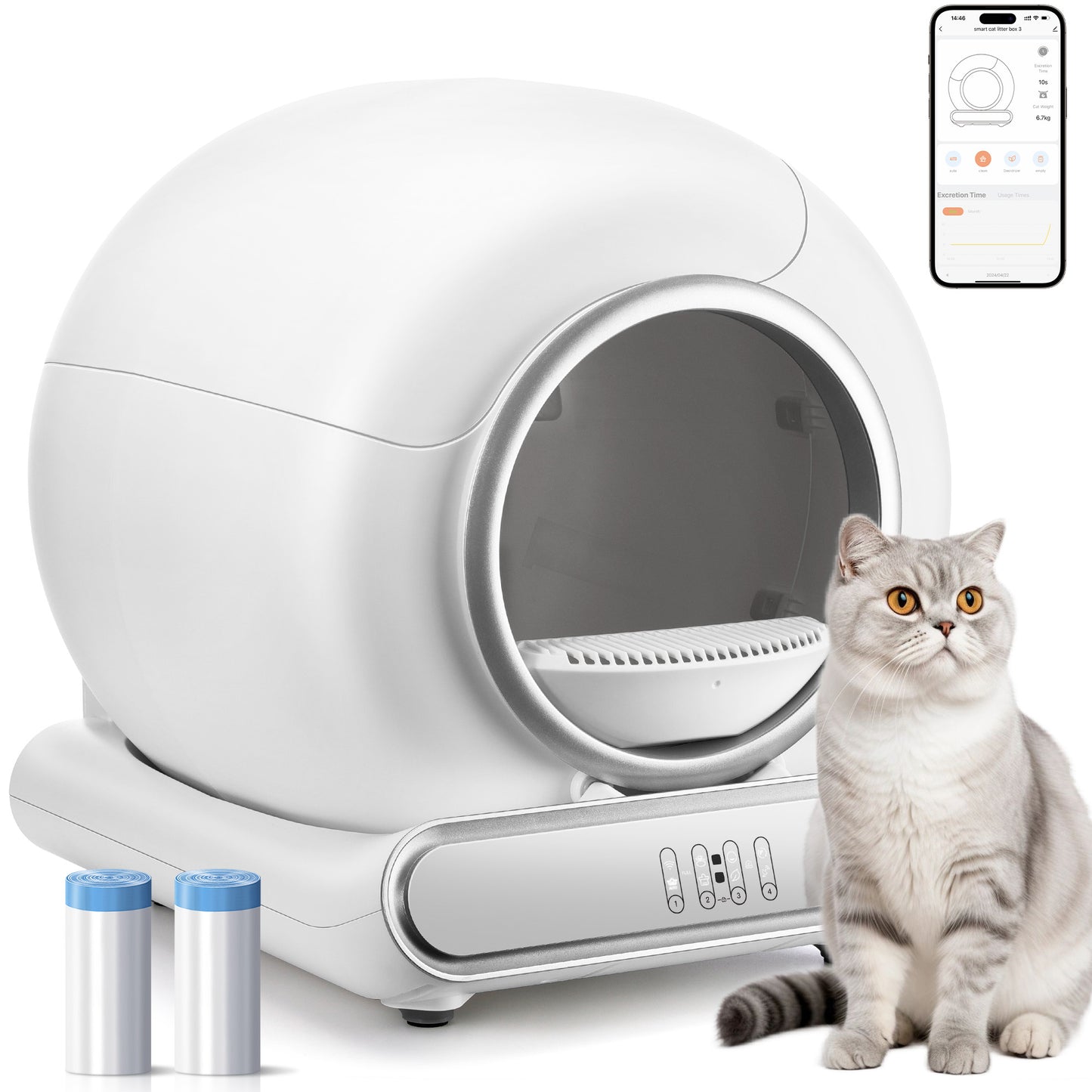 Automatic Cat Litter Box, Self Cleaning Litter Box, 65+9L Smart Cat Litter Box, APP Control, Safety Sensors, 2 Rolls Liner Gift