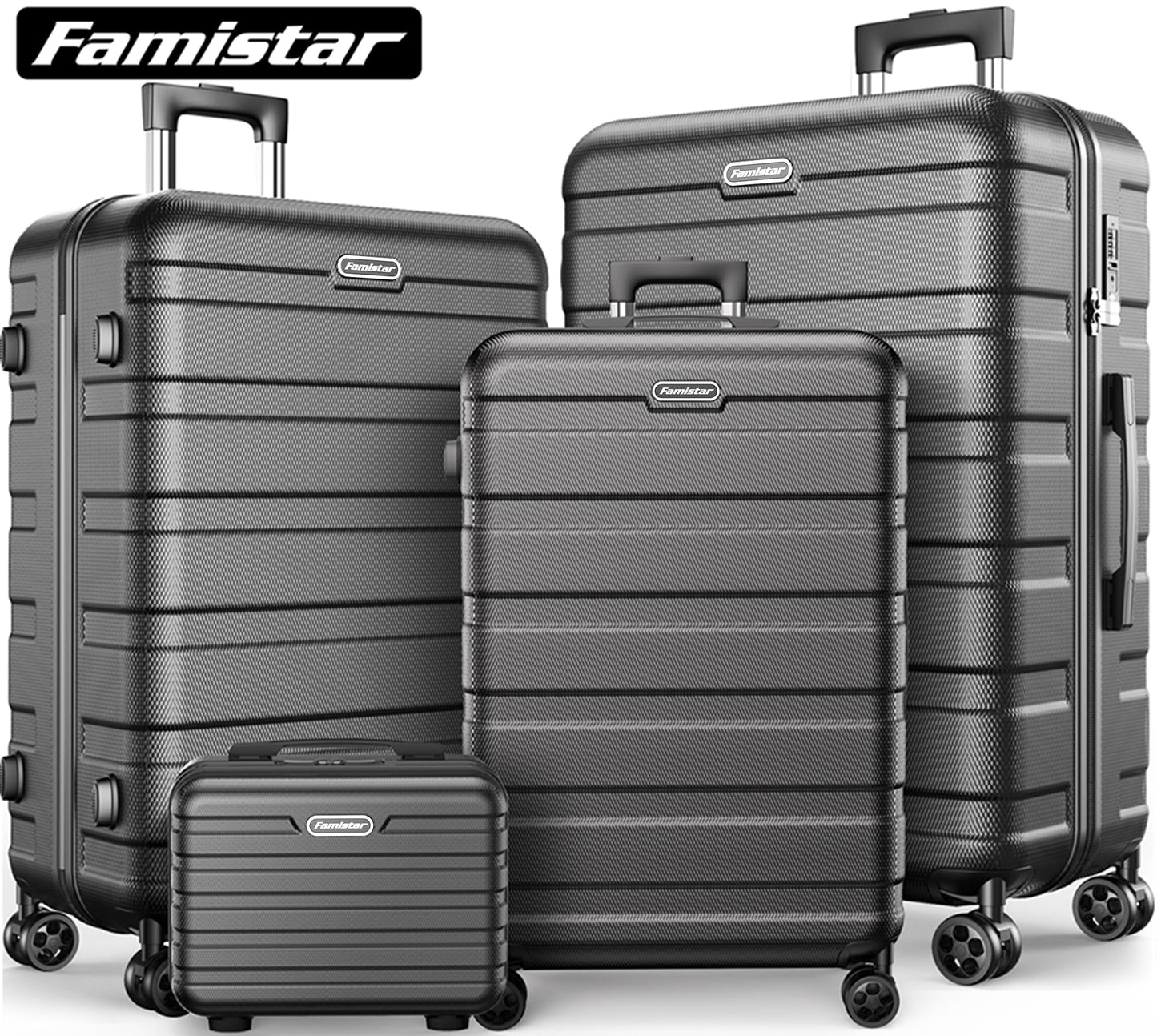 Famistar Hardside Luggage Suitcase 4 Piece Set with 360¡ã Double Spinner Wheels Integrated TSA Lock, 14¡± Travel Case, 20" Carry-On Luggage, 24" Checked Luggage and 28" Checked Luggage, Black