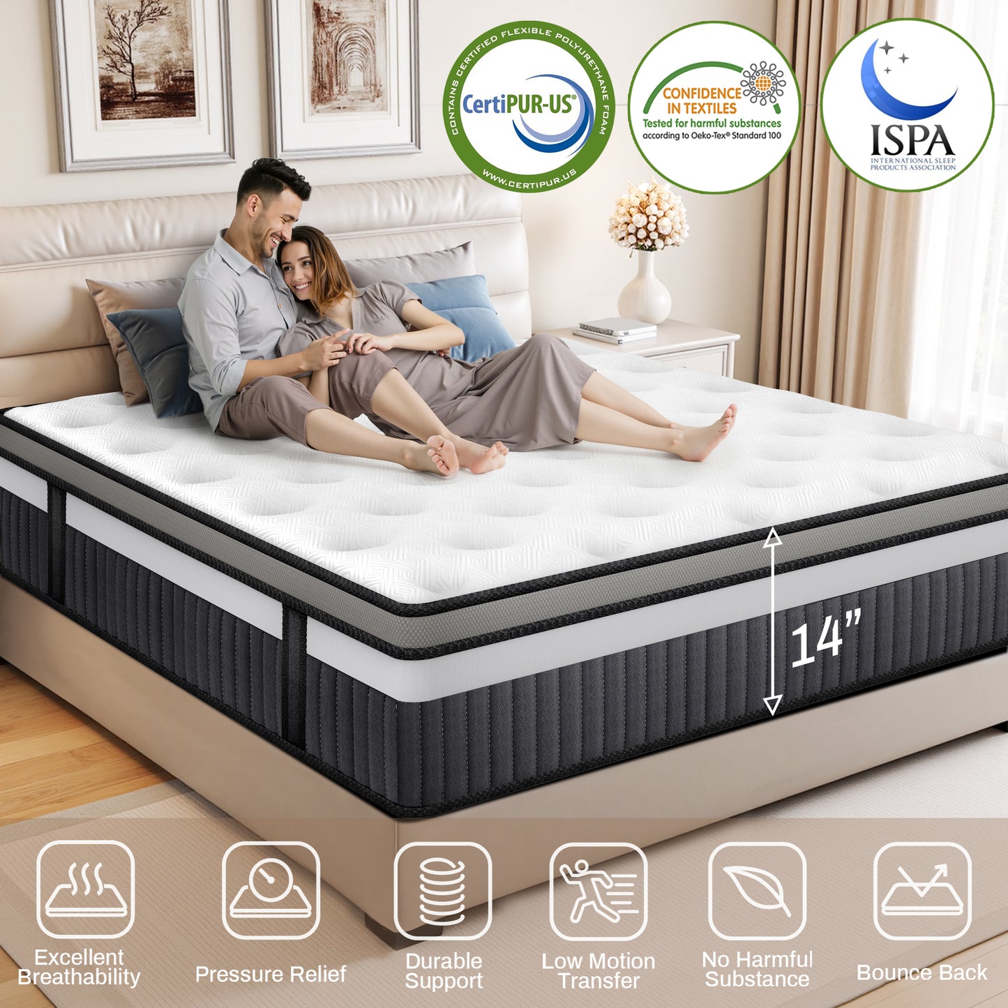 14"King Mattress in a Box, Memory Foam Mattress, Cooling Gel Memory Foam Mattress with Motion Isolation, Pressure Relief, Medium Firm, CertiPUR-US Certified, White