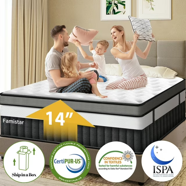 King Size Mattress, Famistar 14 Inch Memory Foam Mattress in a Box, Individual Innerspring hybrid King Bed Mattress, Medium Firm, CertiPUR-US Certified
