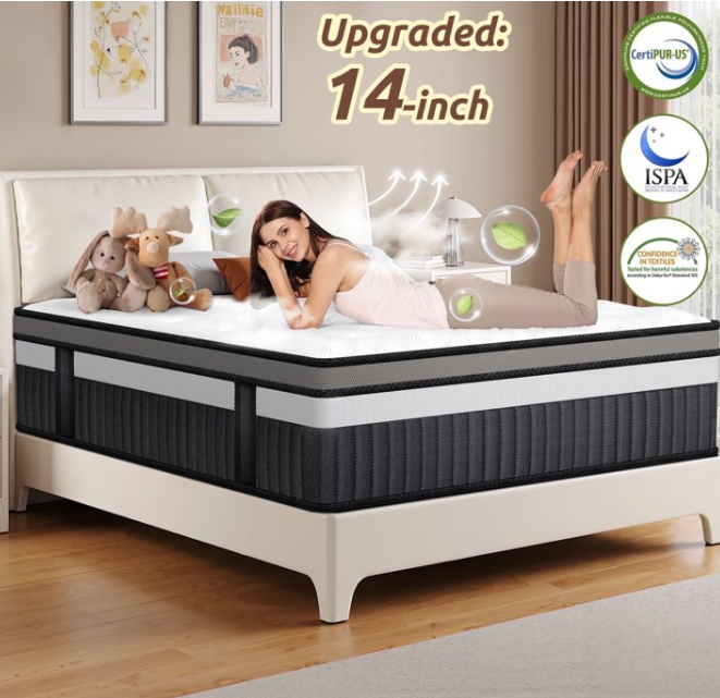 FaayFian Hybrid Mattress 14 Inch Queen Size – Medium Firm Gel Memory Foam Bed in a Box with Pocket Springs, Cooling Breathable Fabric, Motion Isolation, CertiPUR-US Certified Foam Mattress