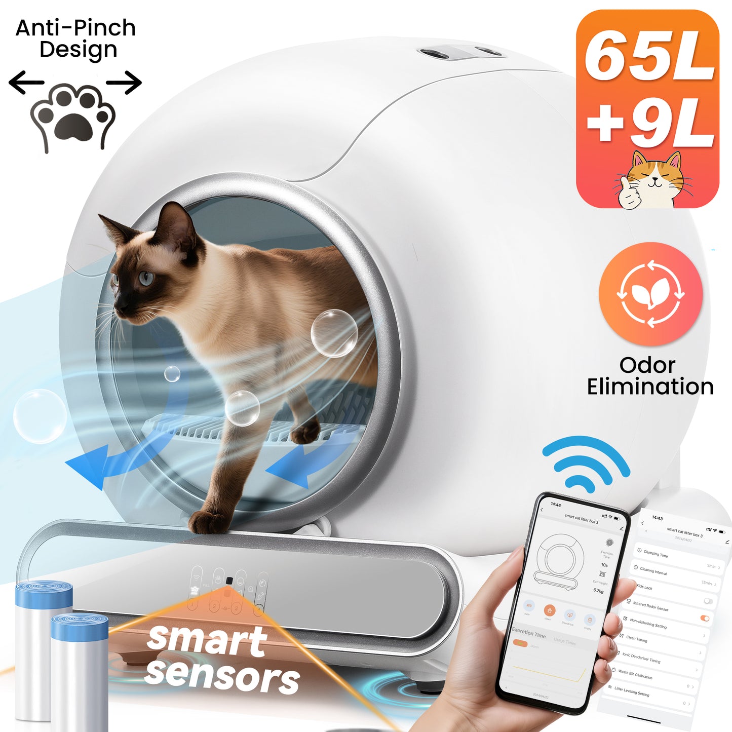 Self Cleaning Cat Litter Box, 65+9L Large Automatic Litter Box with Liner for Multiple Cats