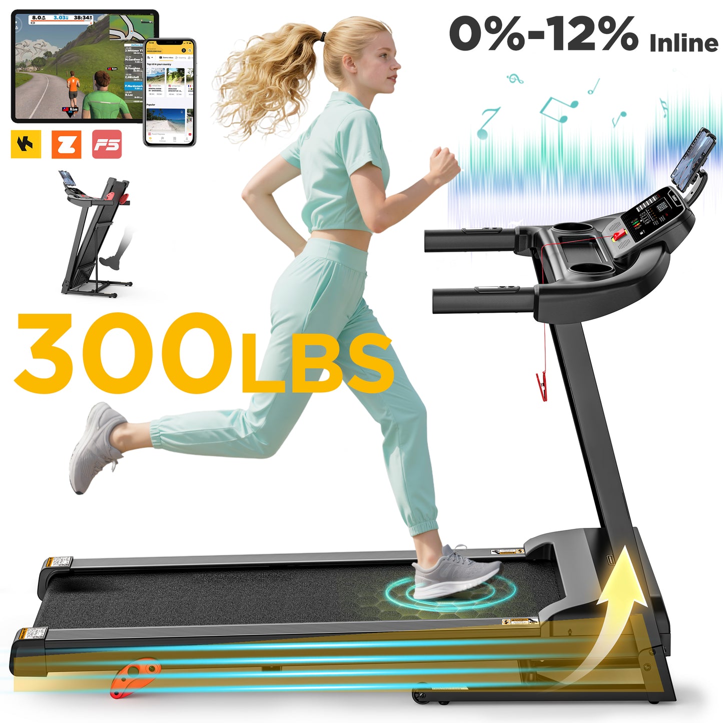 Folding Smart Treadmill with 3 Incline, 7.5MPH, 300 lbs Capacity, Electric Treadmill Running Machine, Folding Electric Motorized Treadmill for Home,Free Exclusive App, 2.5 HP Brushless Motor