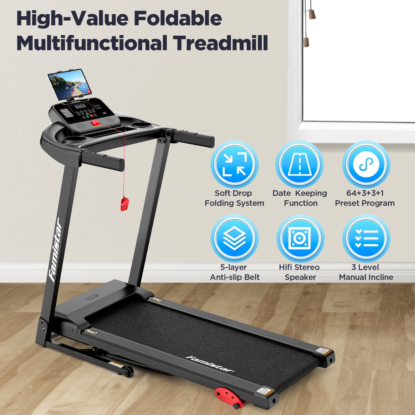 Treadmill 300 LB Capacity for Home with Incline, Folding Electric Running Walking Treadmill, Portable Treadmill for Home Use, 7.5 MPH, Smart Apps, 64+7 Programs, Bluetooth Speakers