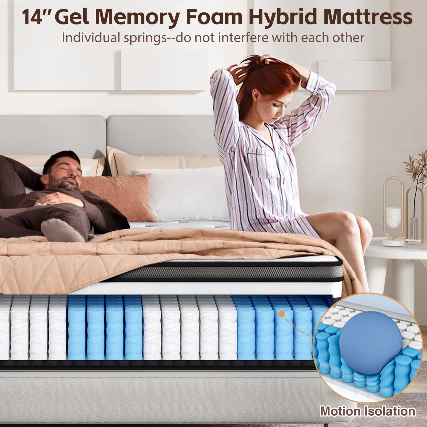 King Size Mattress, 14 Inch Hybrid Memory Foam & Pocket Spring Mattress for Motion Isolation