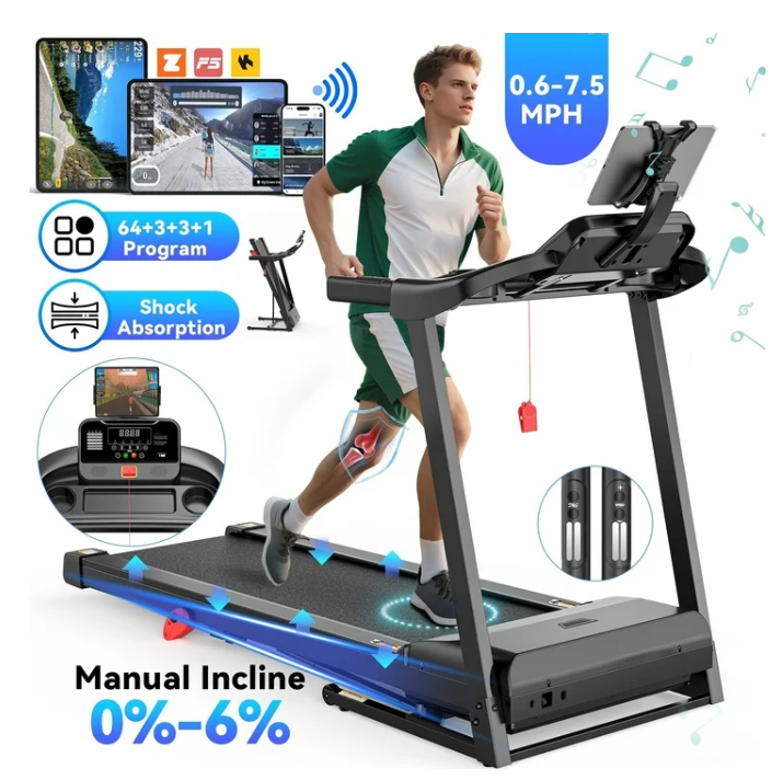 3HP Treadmill 300lbs Capacity, 6% Incline Folding Treadmill for Home, 0.6-7.5MPH, 18’’ Wild Belt, Shock Absorption, 64+3+3+1 Program, Running Machine for Home&Office