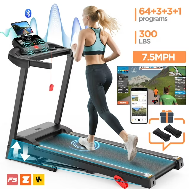 3.25HP Portable Folding Treadmill with 12-Level Adjustable Incline, 7.5MPH Max Speed, Foldable Eltreadmill for Home Gyms, Running & Walking Machine, 64+3+3+1 Programs