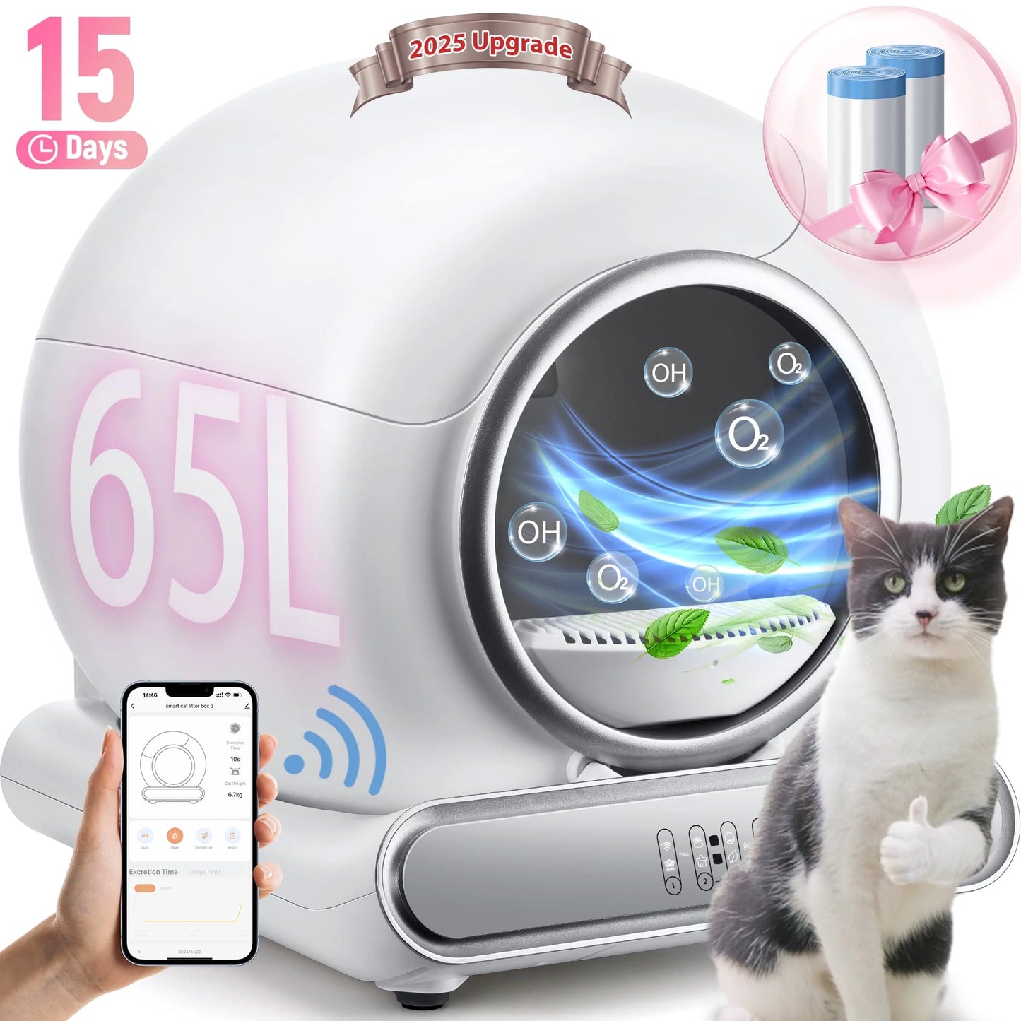 Automatic Cat Litter Box with APP Remote Control, Self Cleaning Litter Box, Odor Removal, and 65L+9L Large Capacity for Multiple Cats, Including 2 Rolls Free Liner