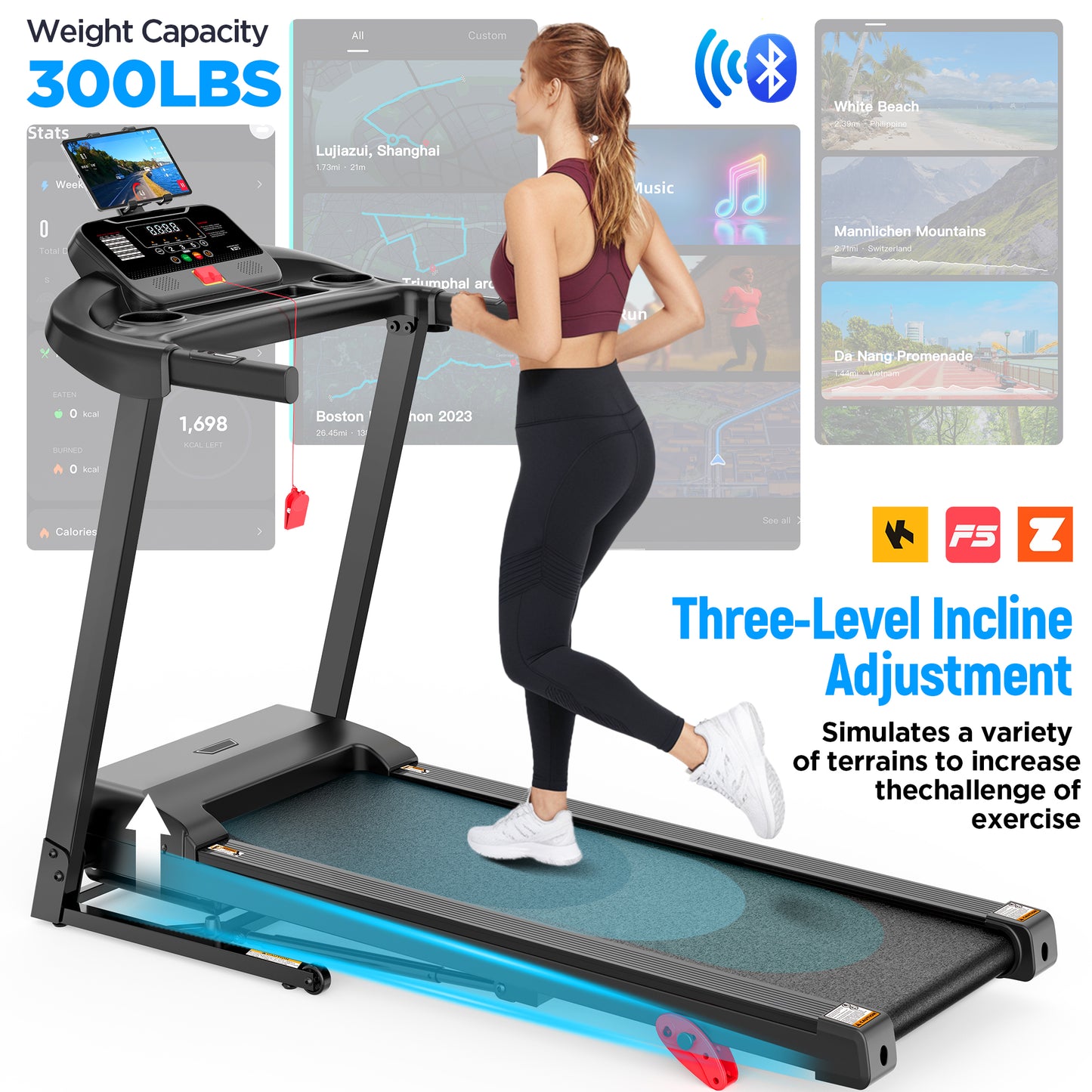 Treadmill with Incline for Home, Treadmill 300lbs Capacity, 2.5HP Folding Treadmill with APP Control, 0.6-7.5MPH, 64Preprogram