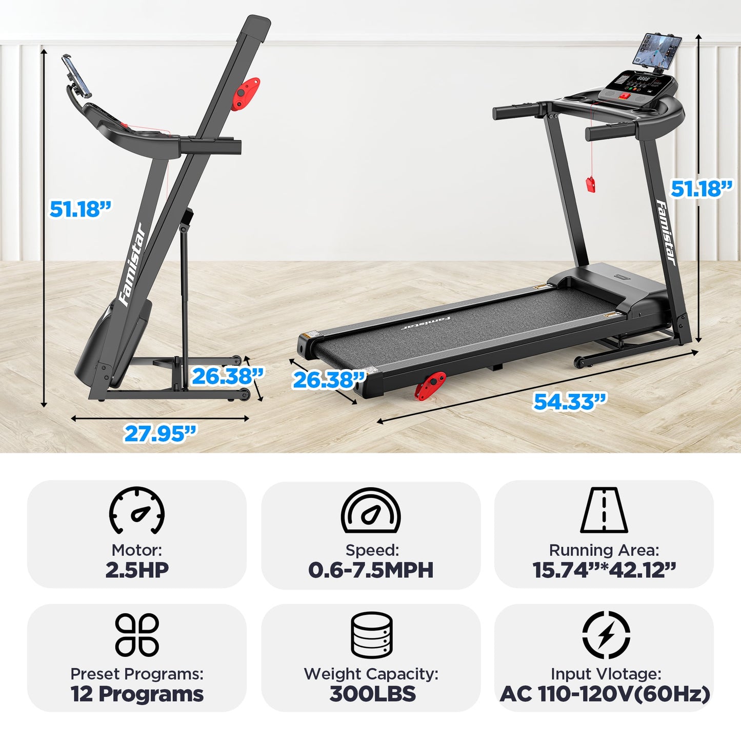 Folding Treadmill w/ Incline, 2.5HP Treadmill for Home w/ 300lb Capacity, 71 Programs