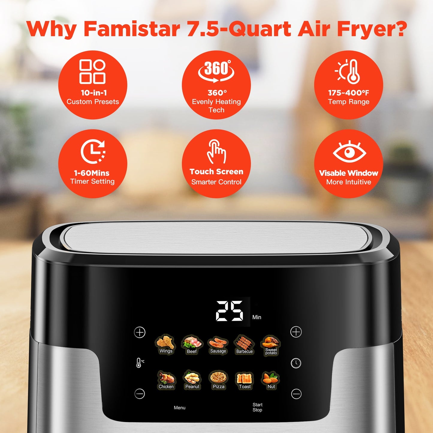 7.5QT Air Fryer, 10 in 1 Touch Screen Portable Air Fryer, Visible Window, 1350W, Dishwasher-Safe w/100 Paper Liners