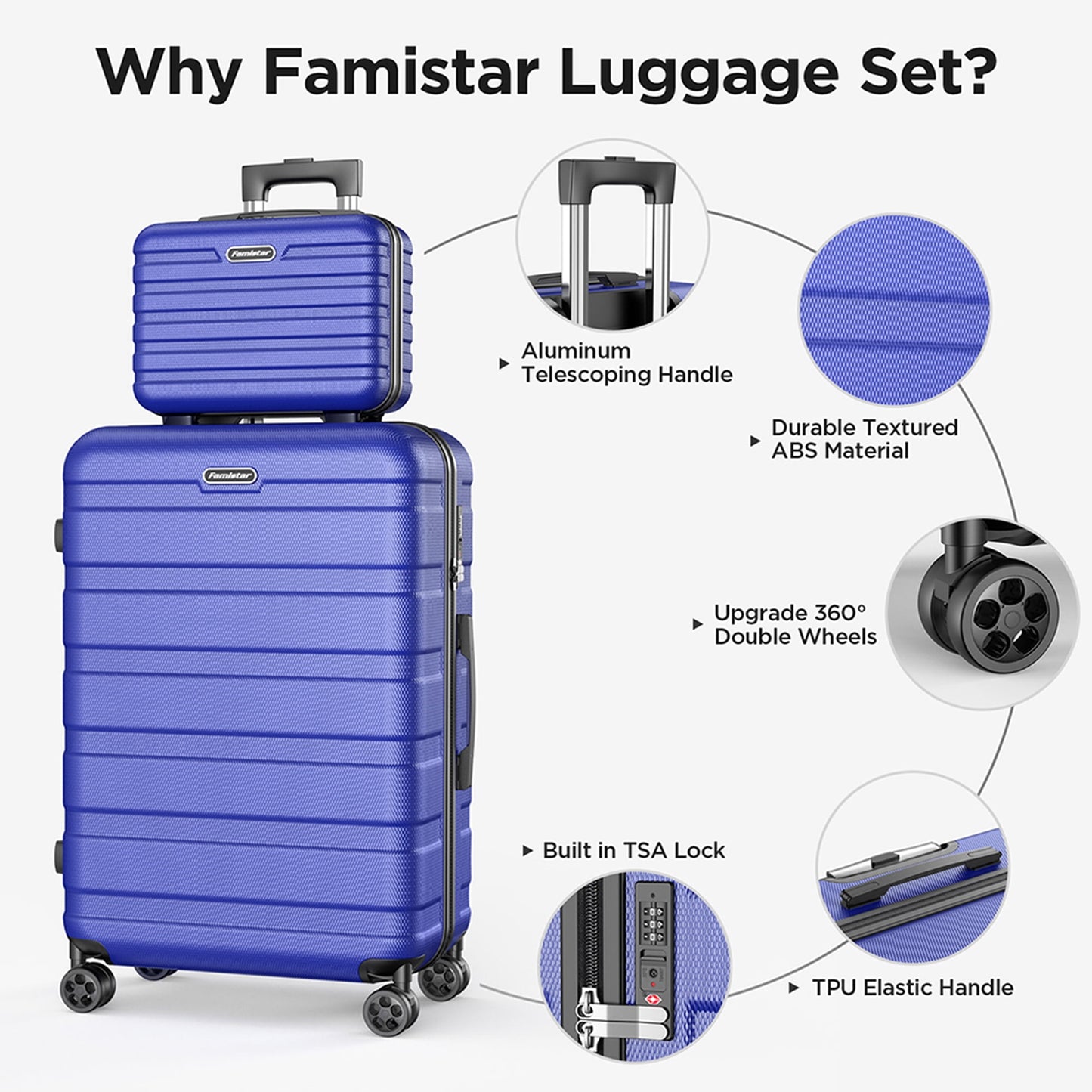 WNANEEZ Luggage Sets 4 Piece Suitcases Set(14/20/24/28)Hard Suitcase with 360° Double Spinner Wheels Integrated TSA Lock. (Blue)