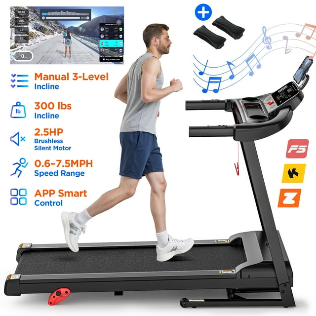 FaayFian Treadmill with Manual Incline for Home, 2.5HP Folding Treadmill 300lbs Capacity, 0.6-7.5MPH, 64+1+1+1 Program, App Control
