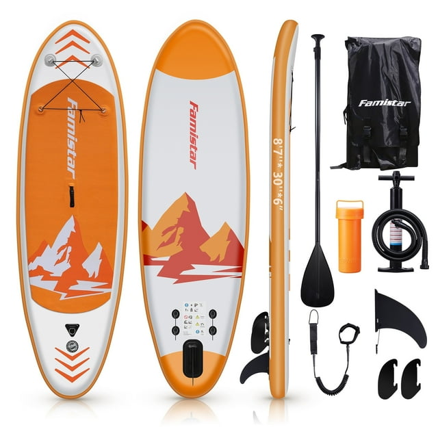 8'7" Inflatable Stand Up Paddle Board (6"Thick) with SUP/ 3 Pins | Wide Stance, Bottom Fin for Paddling, Surf Control, Non-Slip Deck |Youth & Adult Standing Boat-Orange