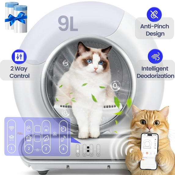 Automatic Cat Litter Box, Self-Cleaning Cat Litter Box with Sensor Protection, 65+9L Capacity, Odor Removal, 2 Trash Bags