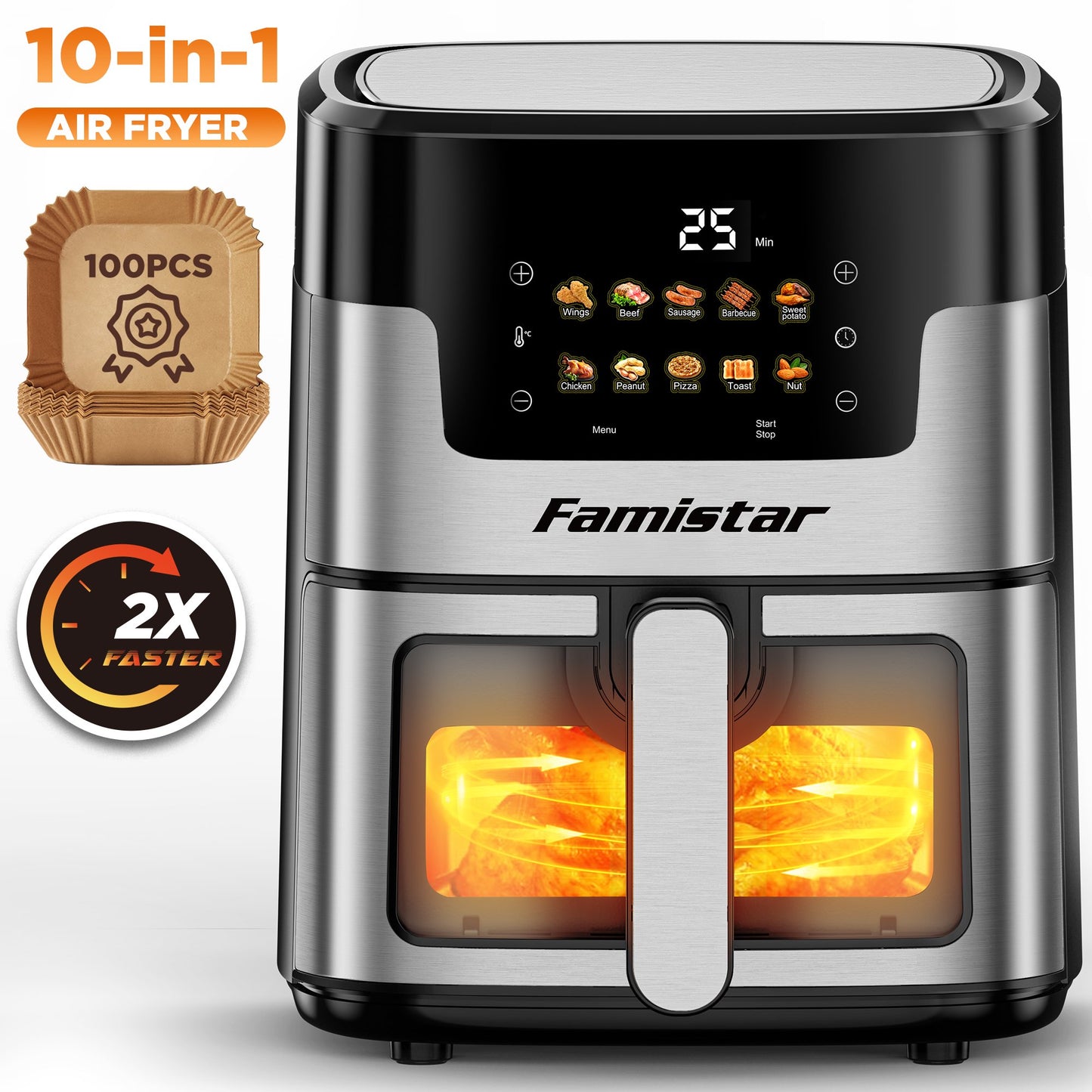 7.5QT Air Fryer, 10 in 1 Preset Cookings Air Fryer, Portable Air Fryer, Visible Window, Dishwasher-Safe, 95% Less Fat, Air Fryer W/100Pcs Paper Liners