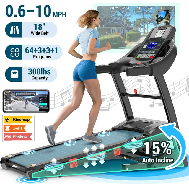 Treadmill for Home with 10MPH, 5.0HP Folding Treadmill with 15% Auto Incline, 300lbs Capacity Treadmill, LCD Display, 64+3+3+1 Programs, APP & Bluetooth, Home&Office