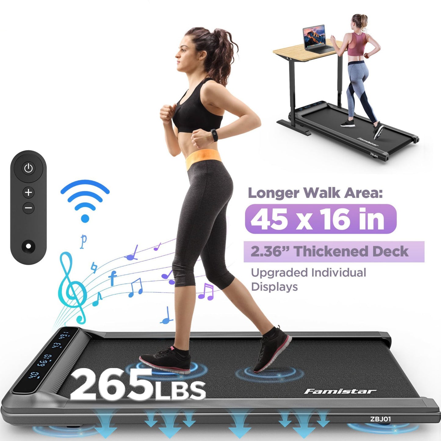 Walking Pad Treadmill , 2.5HP Under Desk Treadmill for Home, Electric Jogging Running Treadmill, Quiet and Stable Pad w/265 lbs Capacity, Remote Control, LCD Display, HiFi Bluetooth Speaker