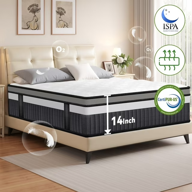 King Mattress 14 inch Qvamodo Hybrid Mattress Cooling Memory Foam Mattress in a Box with Individually Pocket Springs CertiPUR-US Certified Medium Firm Breathable Pressure Relief White
