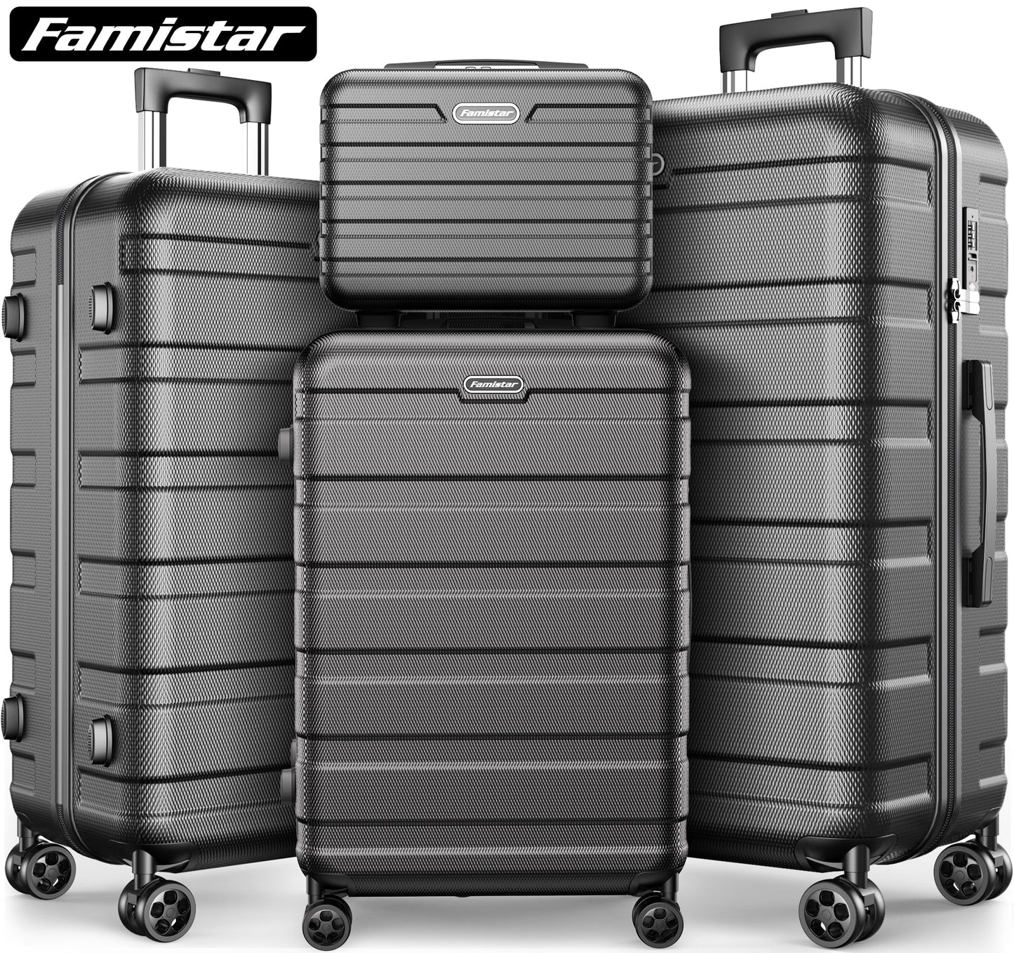 Famistar 4 Piece Hardside Luggage Suitcase Set with 360 Double Spinner Wheels Integrated TSA Lock, 14" Travel Case, 20" Carry-On Luggage, 24" Checked Luggage and 28" Checked Luggage, Black