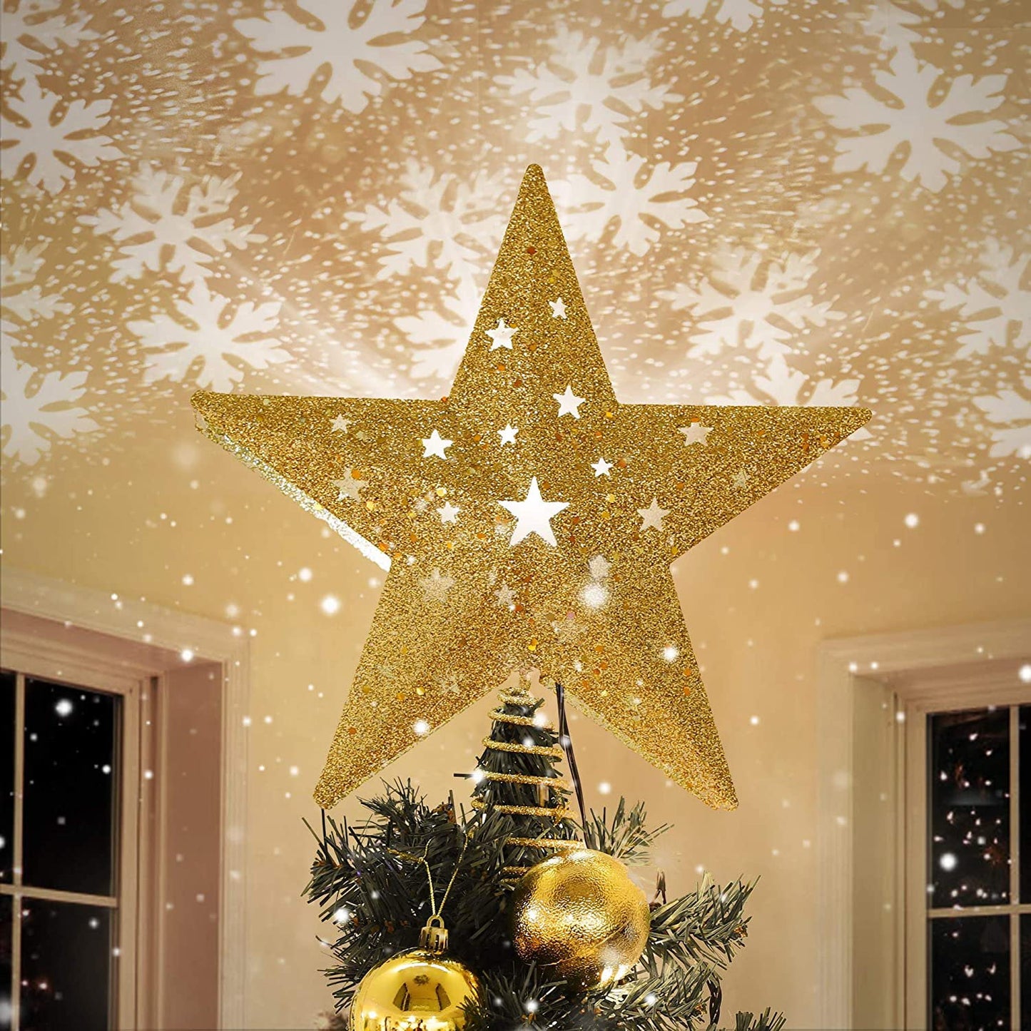 Famistar LED Snowflake Projector Star Christmas Tree Topper, 11.3" Golden Glittered Star Treetop Lighted Rotating Snow Flake for Christmas Tree Decoration, LED Night Light Projector for Children