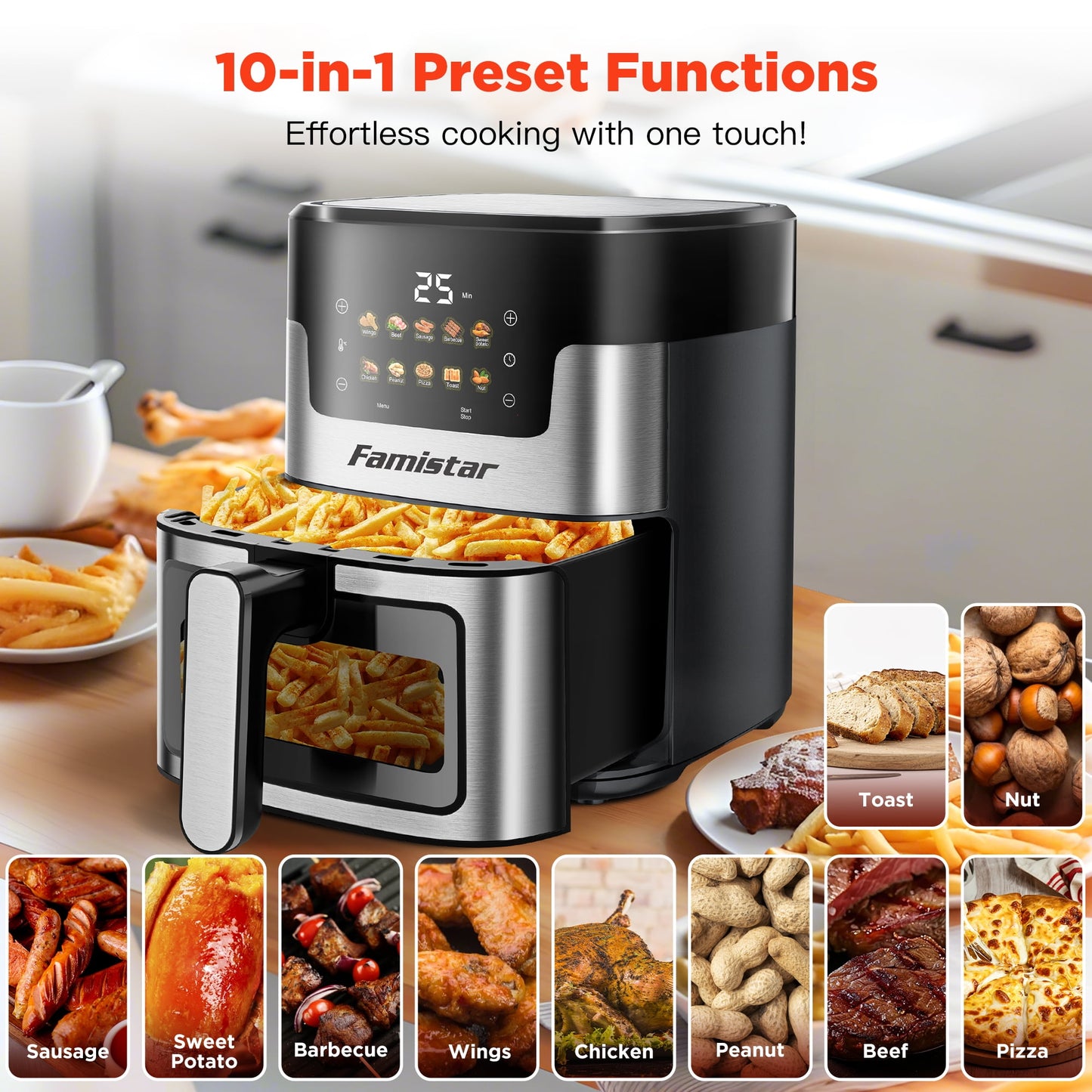 WNANEEZ Portable 7.5 QT Air Fryer Oven with 10 Preset Cookings, 10-in-1 Touch Screen, Visible Window, Dishwasher-Safe, Oiless Hot Air Fryer, Includes 100Pcs Paper Liners