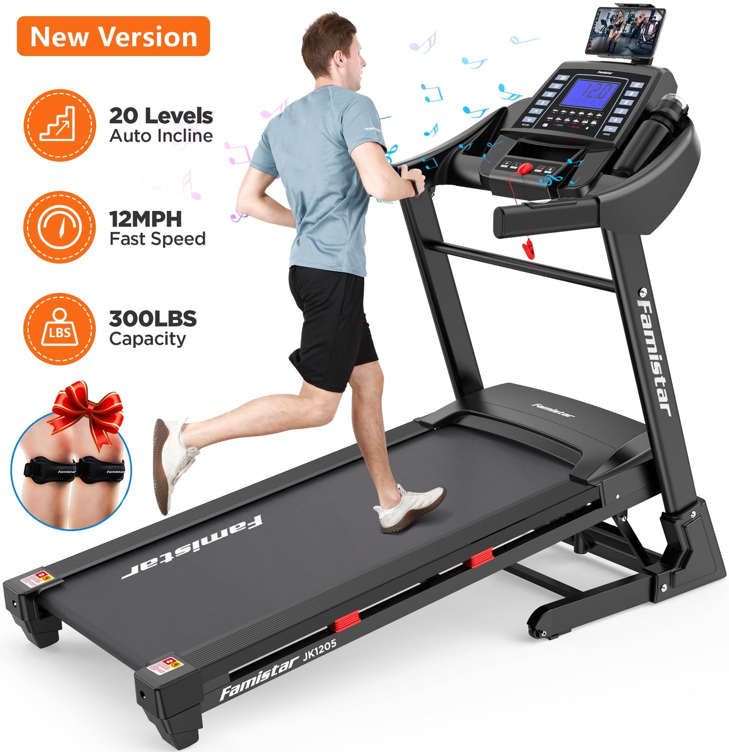 Famistar Clearance Folding Treadmill for Home with 20 Levels Auto Incline, 300LB Capcity, 12MPH Fast Speed Controls, Portable Treadmill Running Walking Machine, 4.0HP, Knee Strap Gift