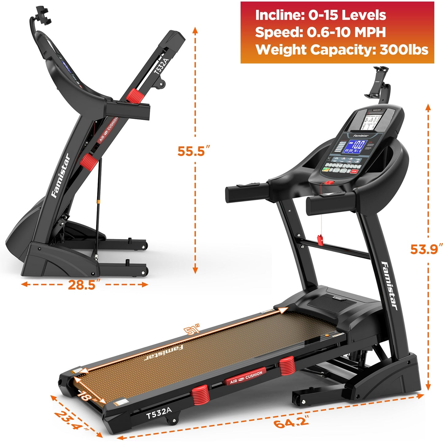 Portable Folding Treadmill for Home Office with 15°Auto Incline, 300lbs Capacity, 10MPH Fast Speed