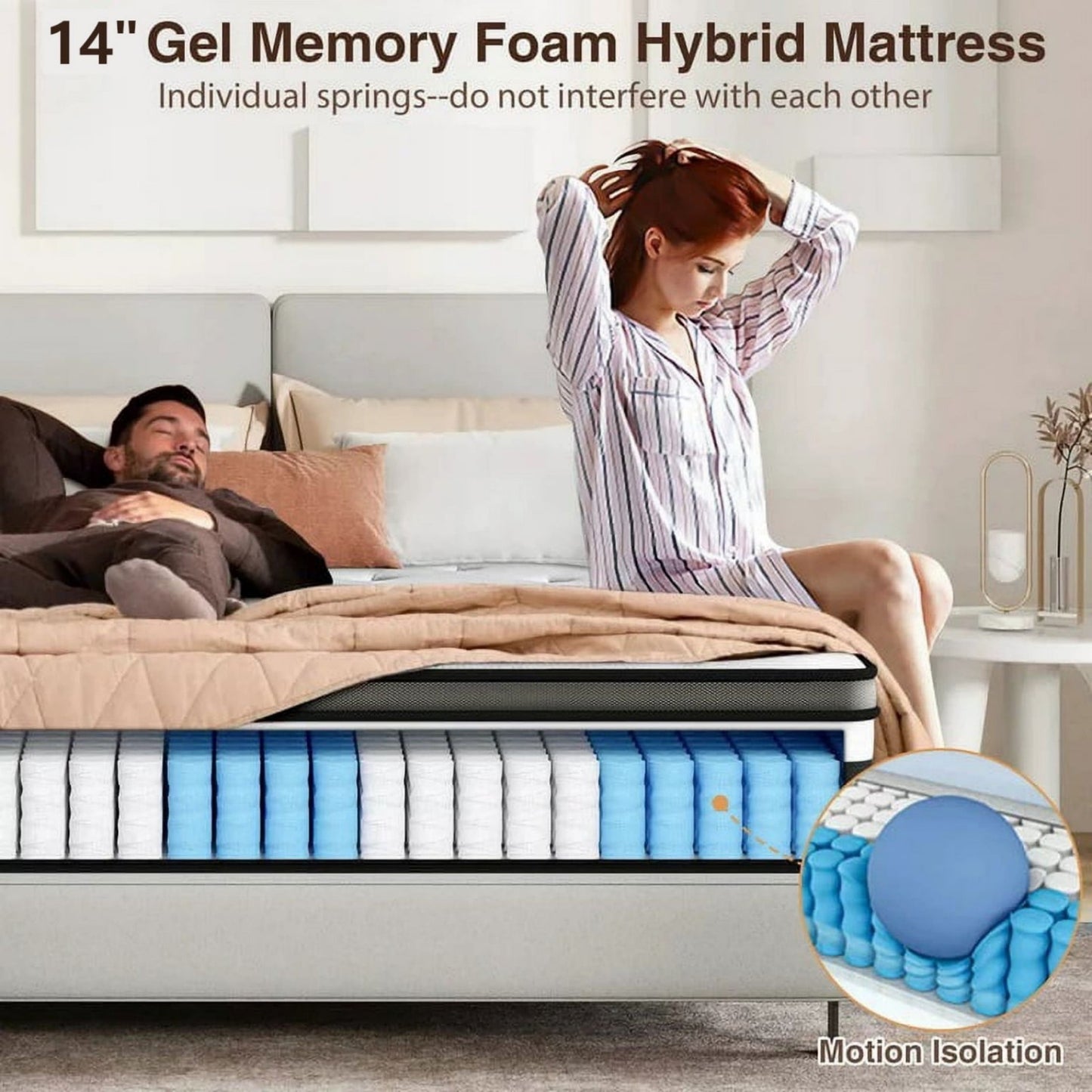 Campmoy14 Inch Queen Mattress in a Box - Gel Memory Foam & Pocket Coils, Medium Firm Hybrid Mattress, CertiPUR-US Certified for Back Support & Motion Isolation, Cooling Bed for Side Sleepers
