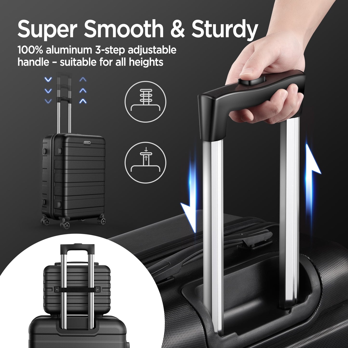 ODYAAZ 11Pcs Luggage Set, Hardside Suitcase w/ Spinner Wheels&TSA Lock, 14” Travel Case, 20” Carry on Luggage, 24”/ 28” Checked Luggage, Packing Cubes, Lightweight Luggage Set, Black