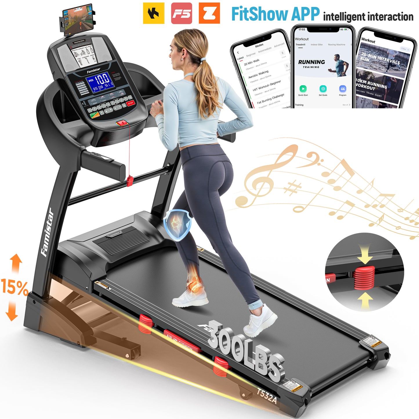 Famistar 4.5HP Folding Treadmill for Home Use with 15 Auto Incline, 300LB Capacity, Smart APP, HiFi Bluetooth, 10MPH Fast Speed Controls(Black)