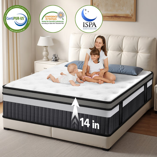 Qvamodo 14 Inch King Size Hybrid Mattress in a Box – Medium Firm Gel Memory Foam Mattress with Individually Wrapped Pocket Springs, Motion Isolation, Cooling Breathable Cover, CertiPUR-US Certified