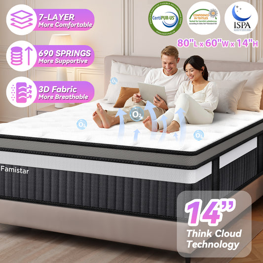 Queen Mattress, Famistar 14 Inch Memory Foam Mattress Queen Size, Innerspring Hybrid Queen Bed Mattress in a Box Medium Firm with Motion Isolation & Strong Support & Pressure Relief, CertiPUR-US