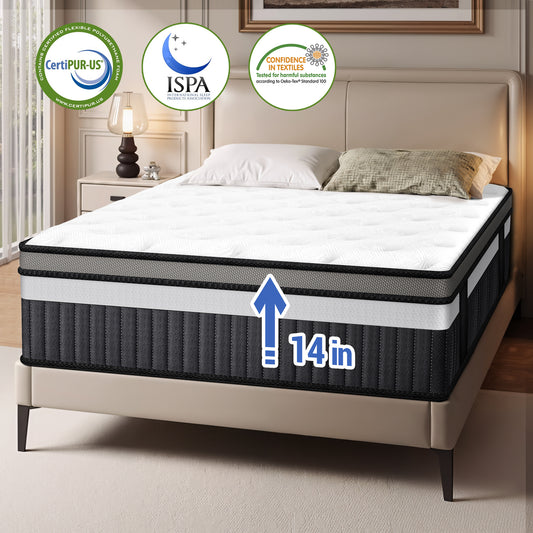 Queen Size Mattress, 14" Medium Firm Spring Hybrid Mattress In a Box,Motion Isolation, Memory Foam Mattress for Cool Sleep, Pressure Relief, Easy Shipping Compressed Mattress