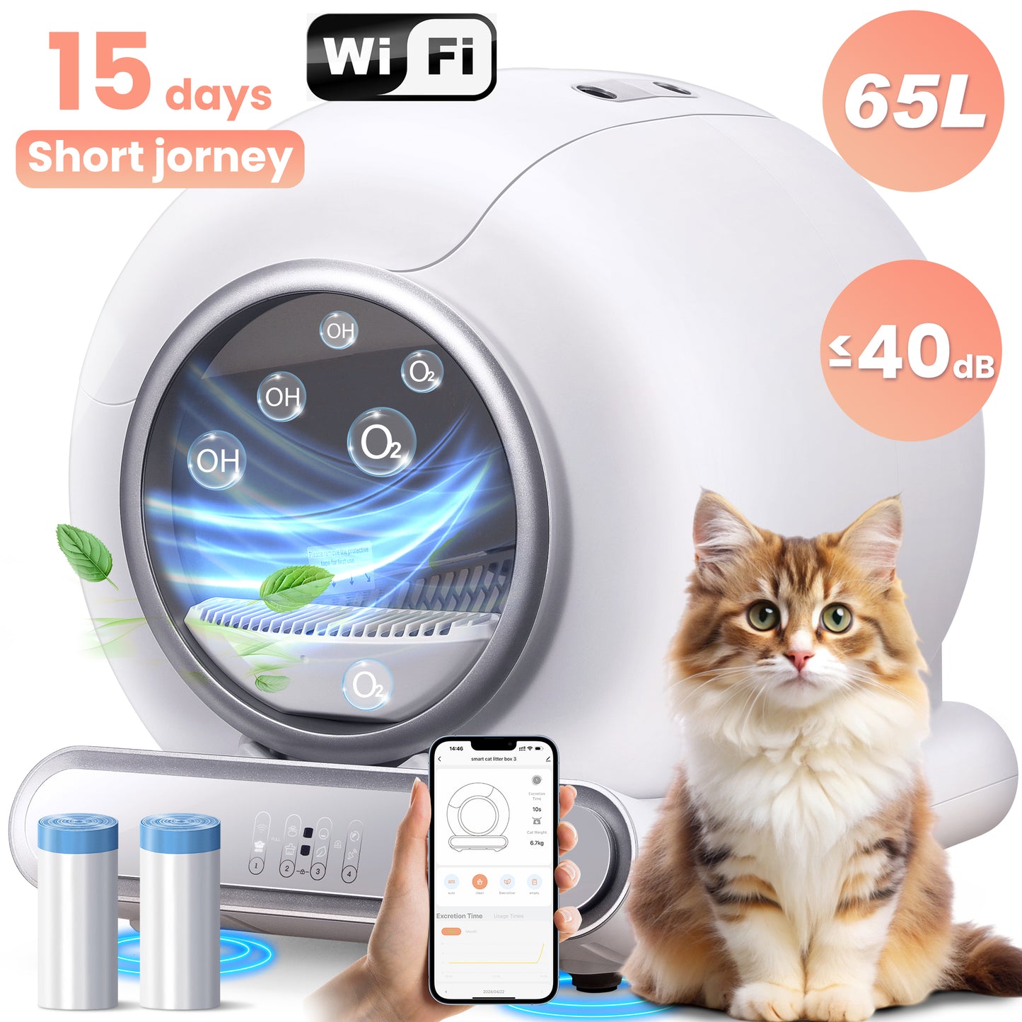 Automatic Cat Litter Box, Self Cleaning Litter Box, APP Remote Control with Health Monitoring, 65L+9L Large Capacity, Sensor Safety Protection, 2 Rolls of Garbage Bags Free Gift